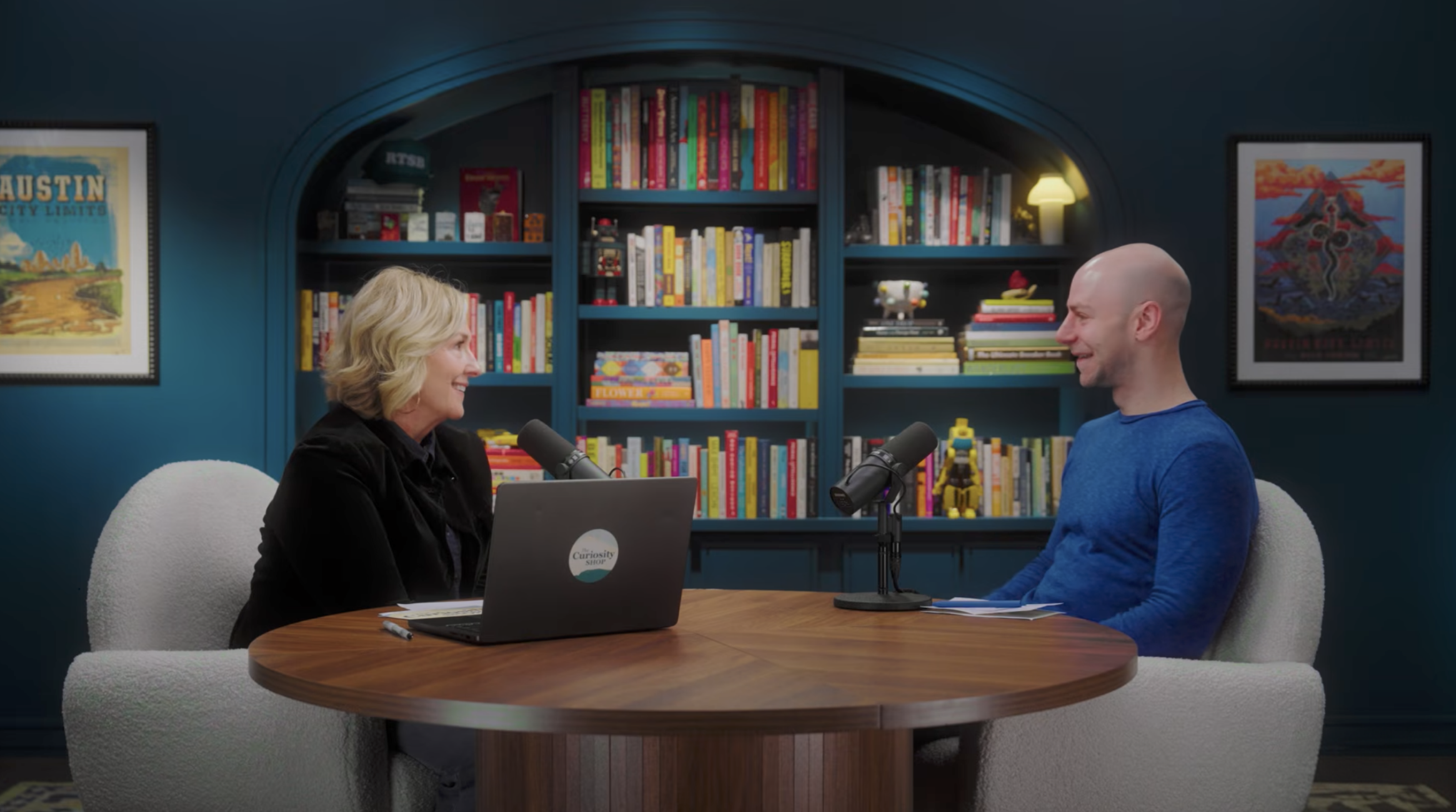 Brené Brown and Adam Grant recording a podcast together