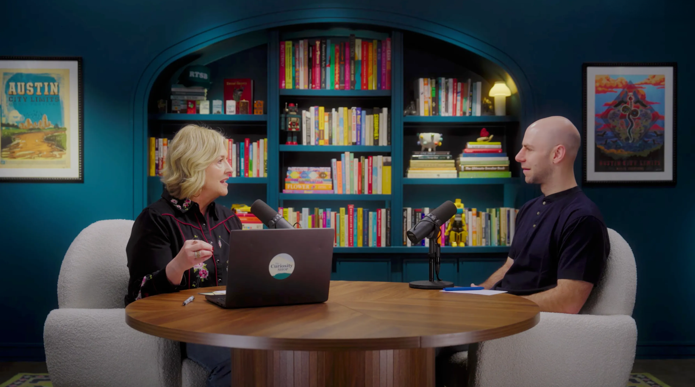 Brené Brown and Adam Grant recording a podcast together