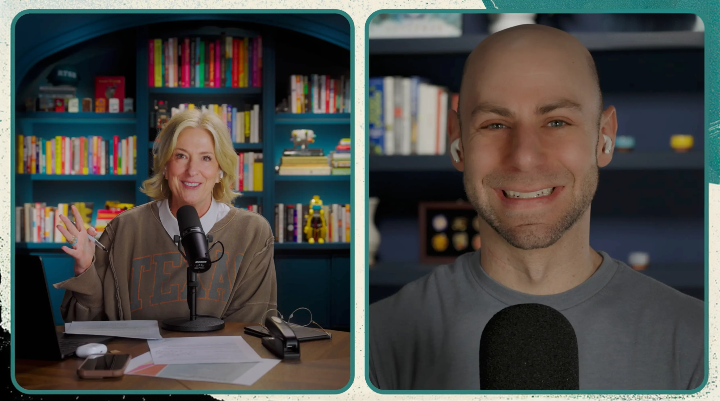 Brené Brown and Adam Grant recording a podcast together