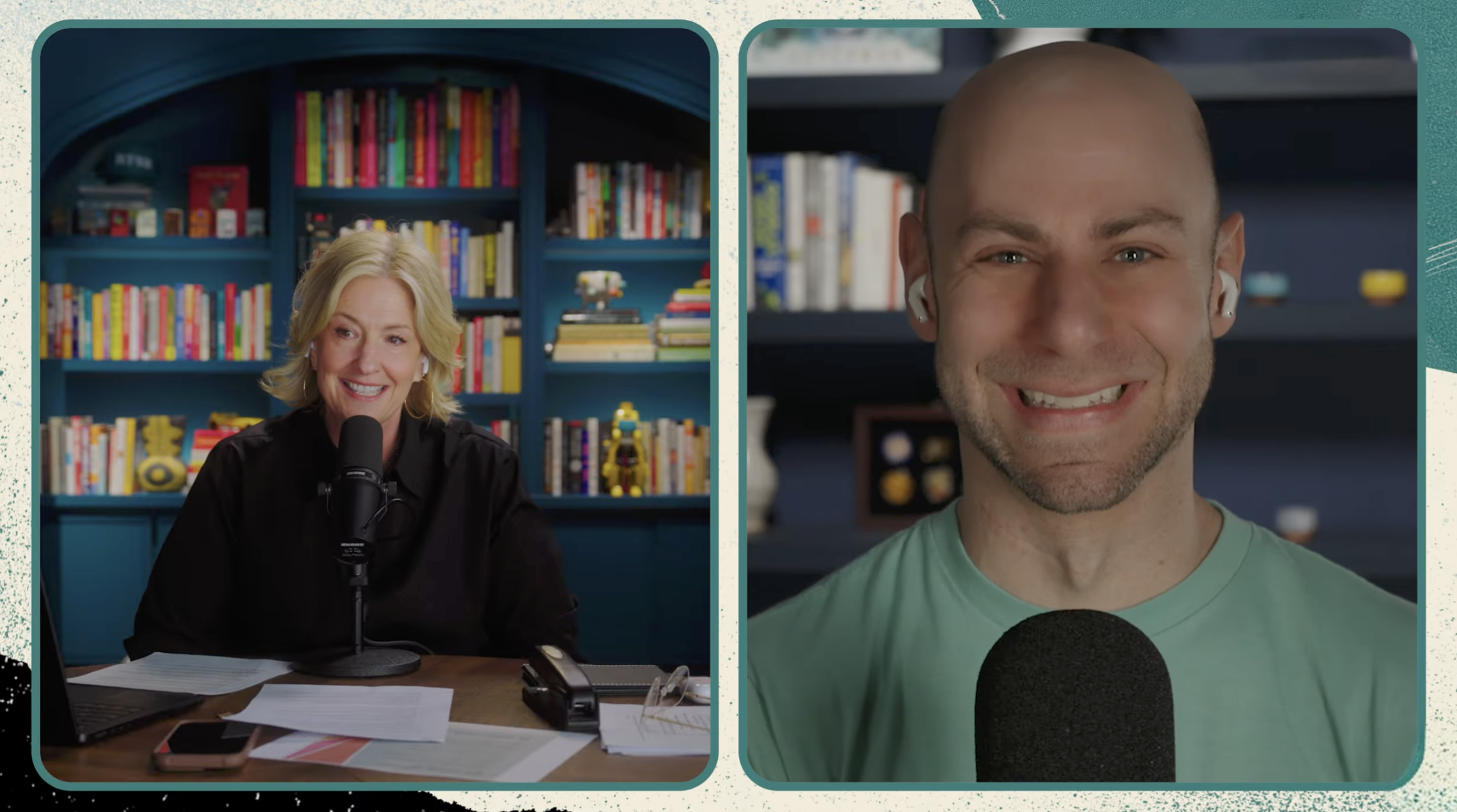 Brené Brown and Adam Grant recording a podcast together