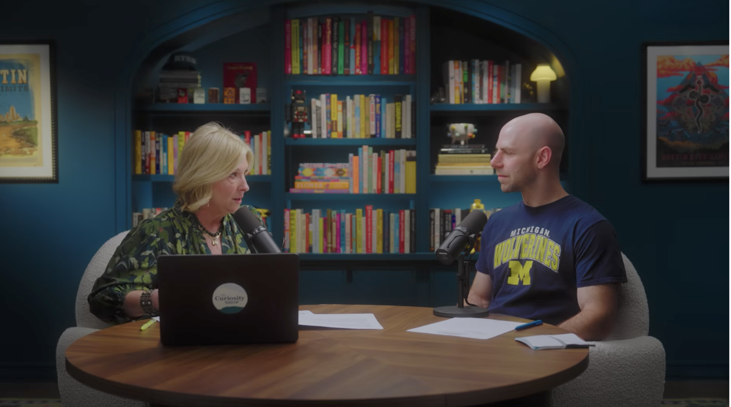 Brené Brown and Adam Grant recording a podcast together