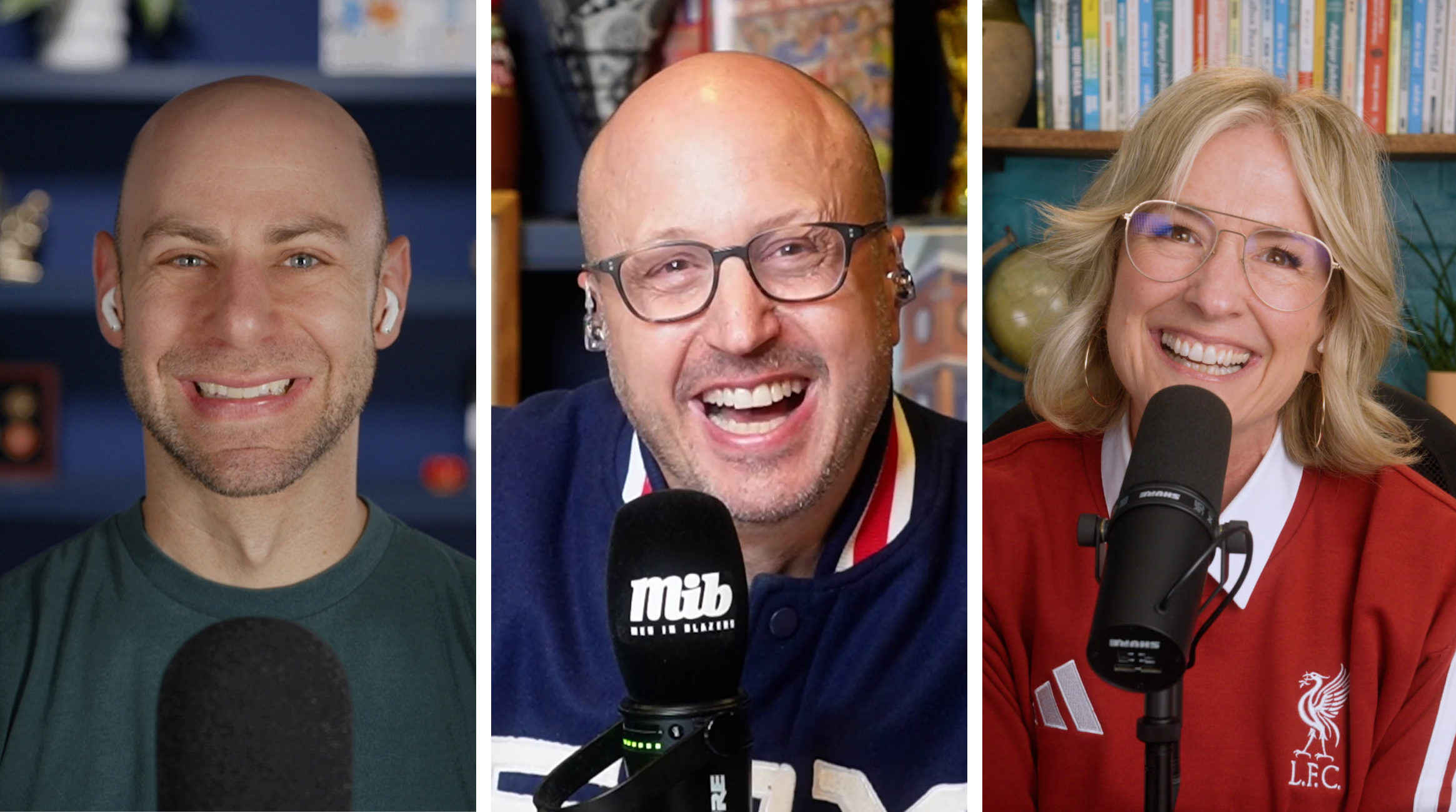 Agam Grant. Roger Bennett, and Brené Brown recording a podcast episode.