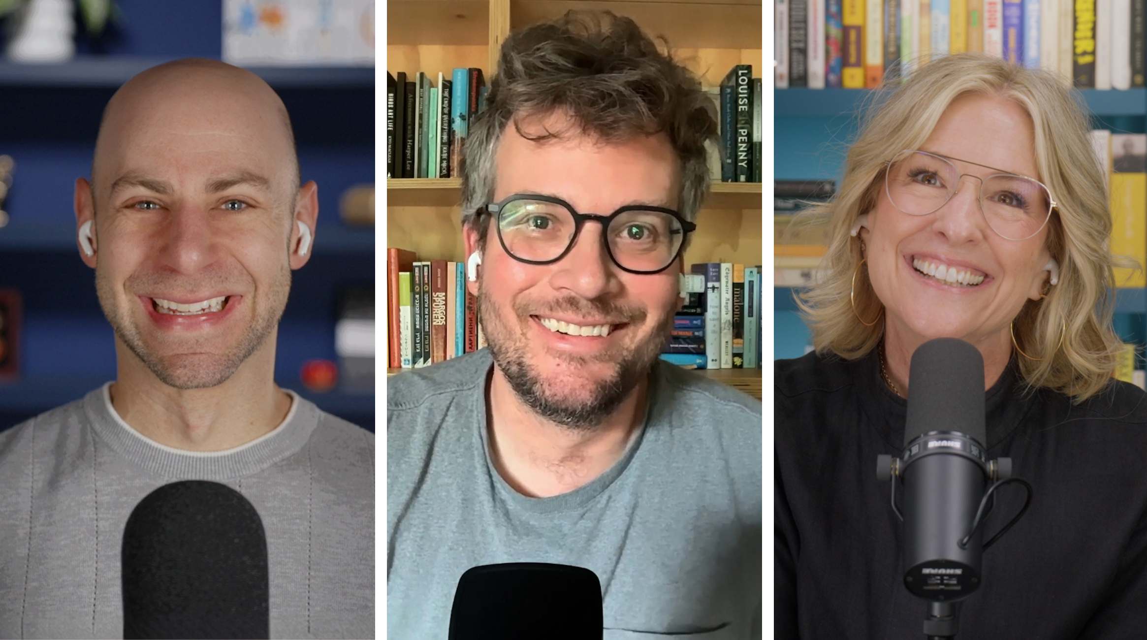 Screenshot of podcast recording with Adam Grant, John Green, and Brené Brown all smiling with microphones.