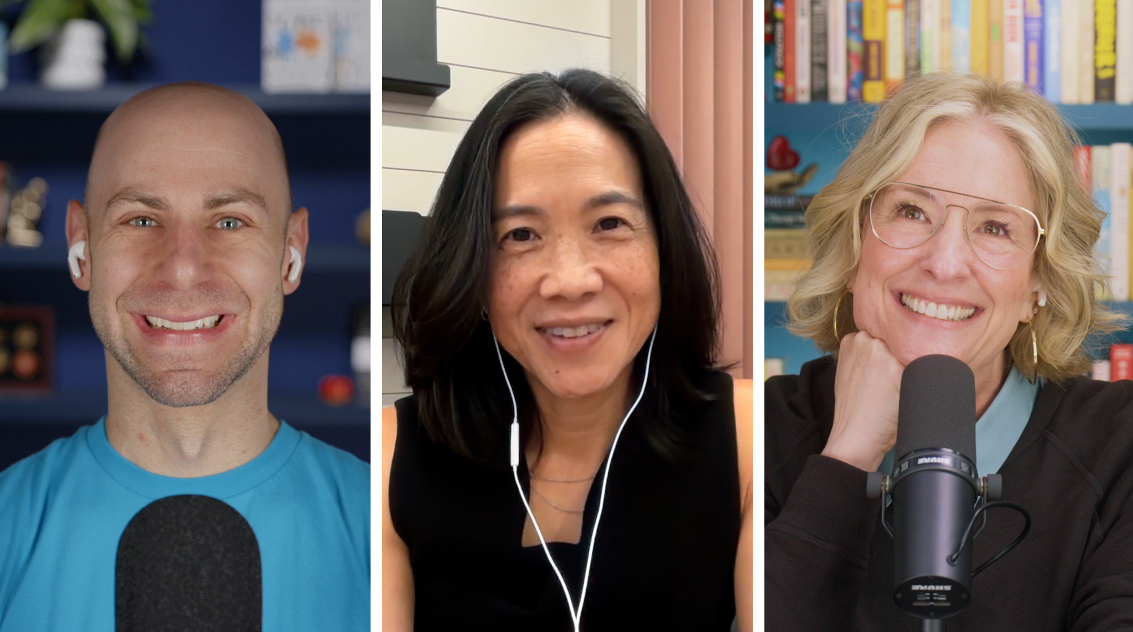 Adam Grant, Angela Duckworth, and Brené Brown recording a podcast.