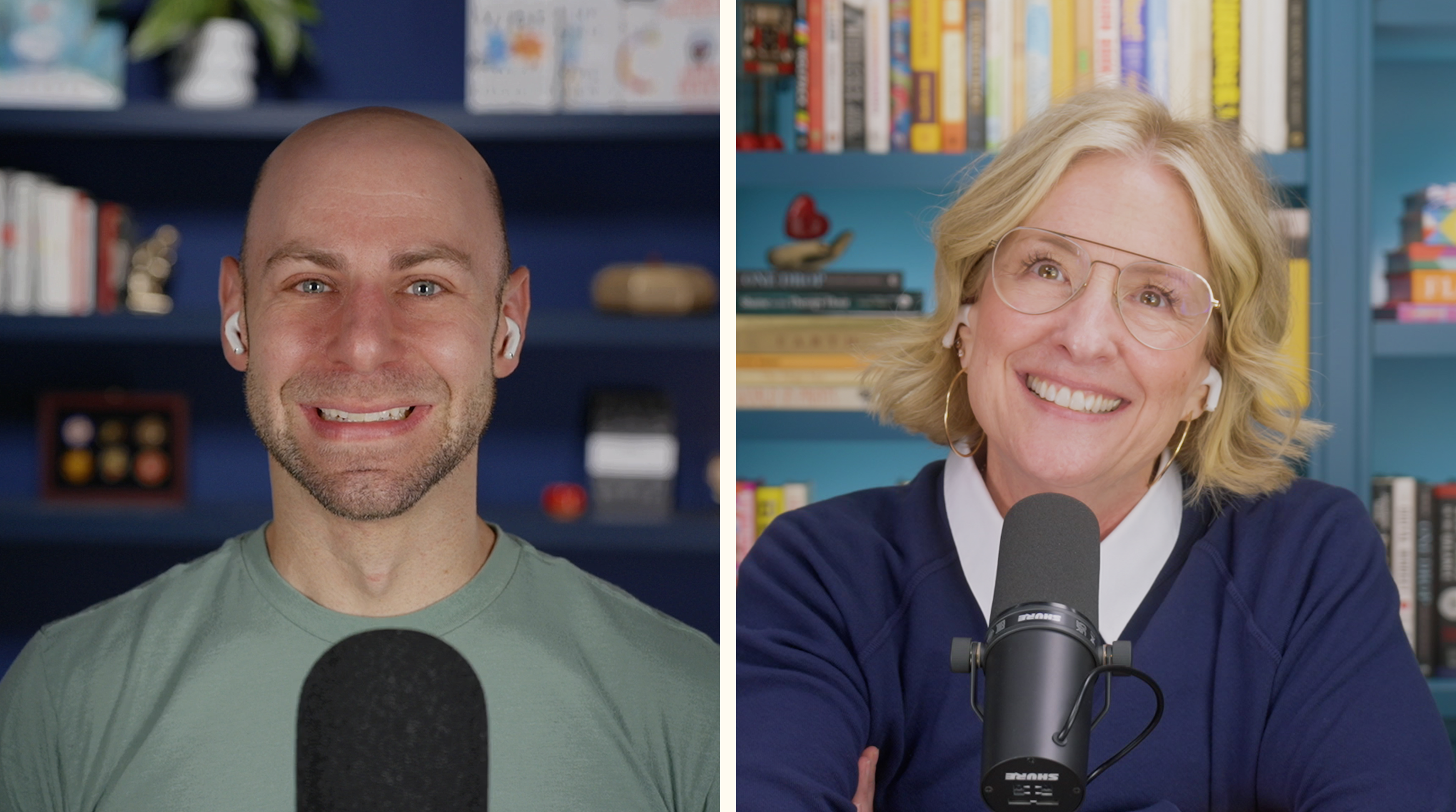 Adam Grant and Brené Brown recording a podcast episode.